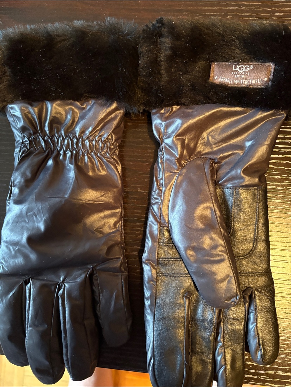 UGG Black Faux Fur Cuff Leather & Nylon Winter Gloves